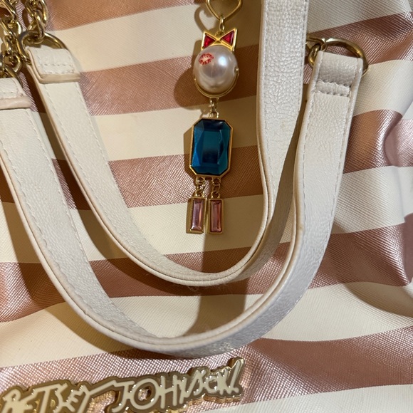 Betsey Johnson Rose Gold and White Striped Shoulder Tote with Charm - Picture 5 of 11
